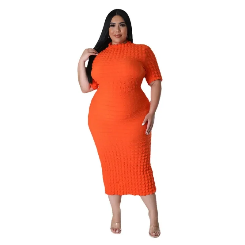 L-5XL Plus Size Women Clothing 2024 African Summer Solid Color Short Sleeve Bodycon Fat Casual Sexy Midi Dress Female Outfits