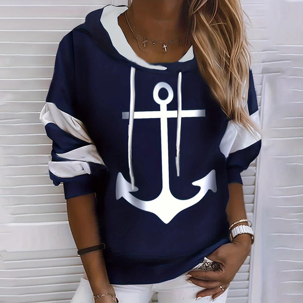 Anchor Stripe Designer Women\'s Hoodie 2024 Fall New Women\'s Sweatshirts Fashion Street Female Y2K Clothes Loose Pullover Hoodies