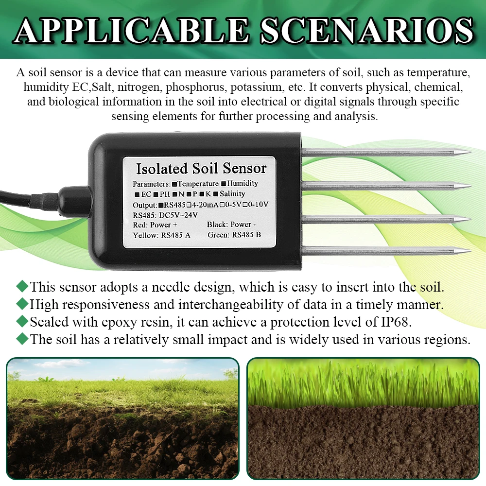 RS485 Soil Temperature Humidity Sensor PH Conductivity Detector Nutrient Salt Nitrogen Phosphorus Potassium Transmitter 7 In 1