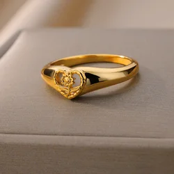 Hollow Heart Sunflower Rings For Women Vintage Gold Color Stainless Steel Ring Wedding Couple Rings Aesthetic Jewelry Bague