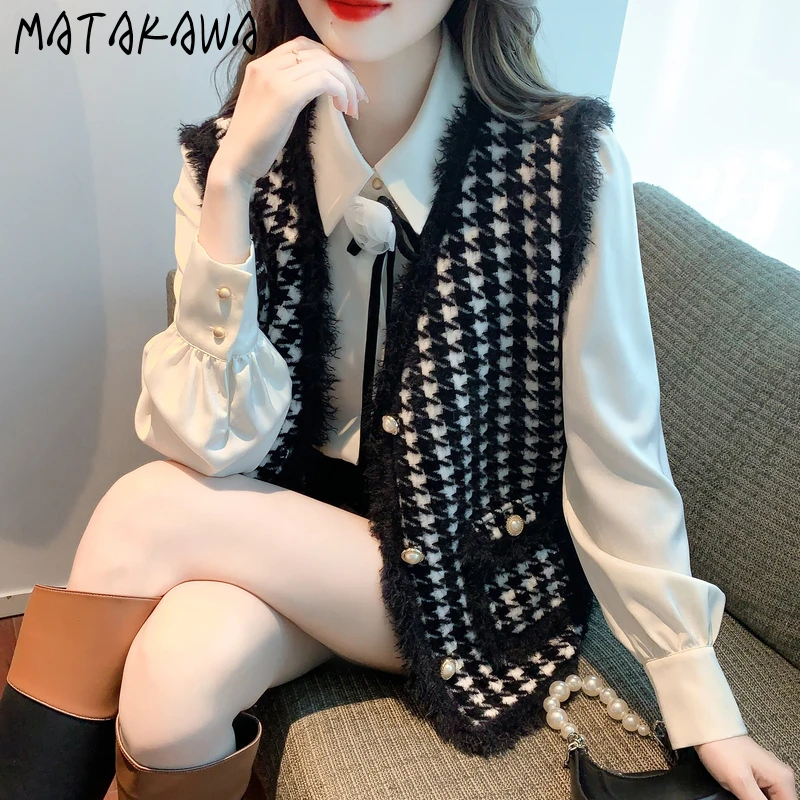 Matakawa Plaid Woolen Autumn Winter Jackets for Women Thick Warm Korean Fashion Vests Elegant Contrast Color Chaquetas Mujer