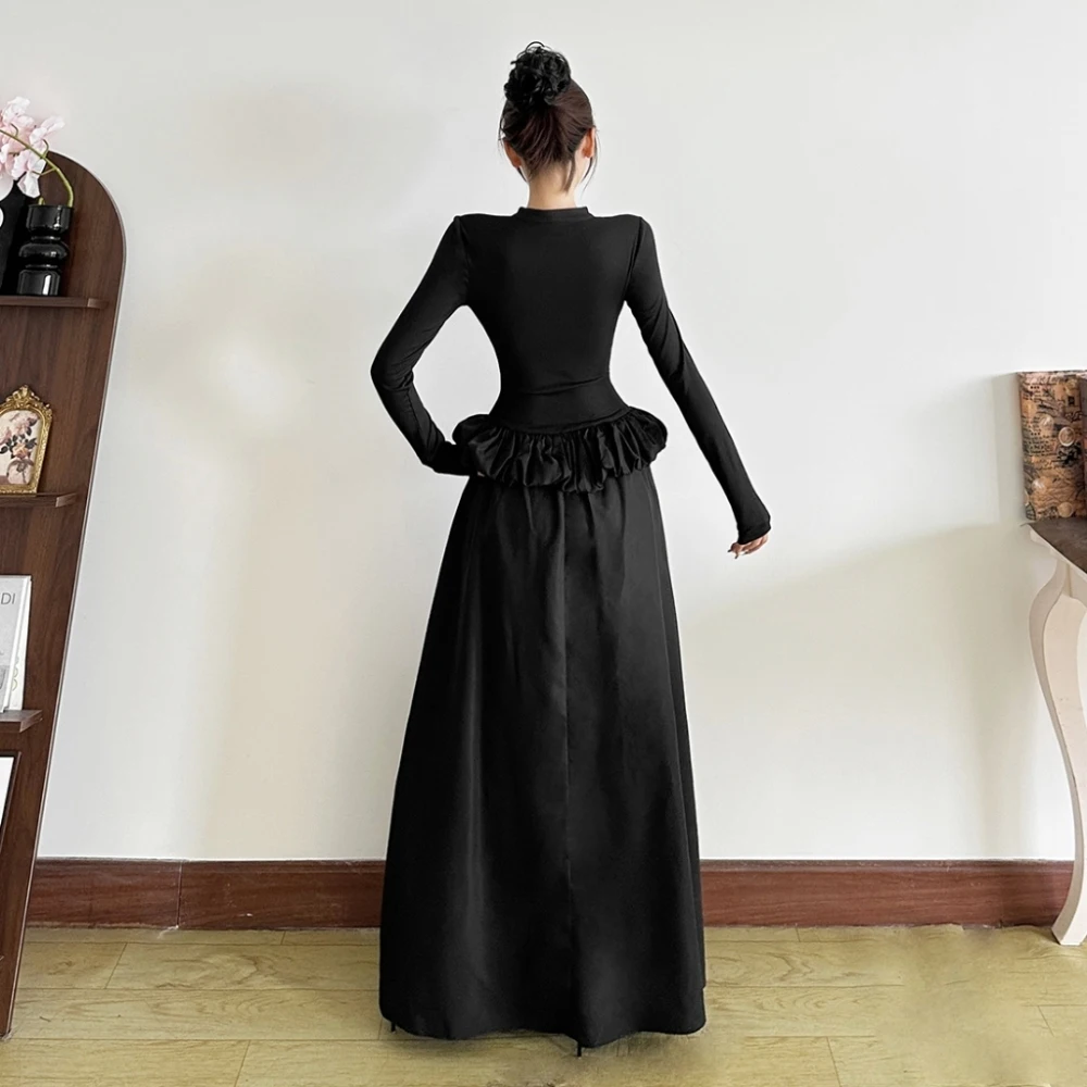 فساتين طويلة أنيقة مكشكشة من SylCue للسيدات للخريف بياقة واقفة وأكمام طويلة وكشكشة تصميم يومي غير رسمي على الموضة