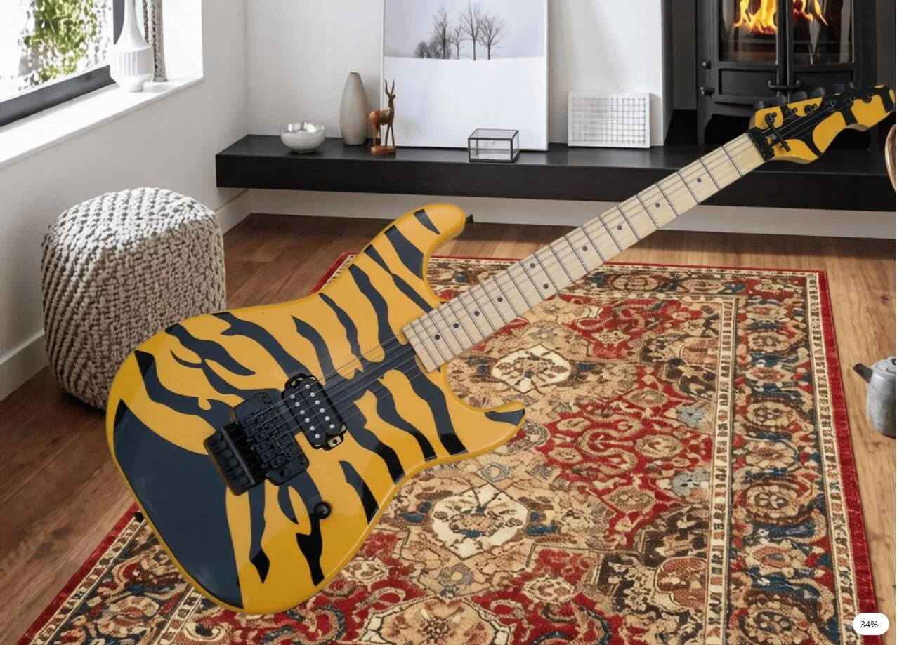 Yellow guitar, black tremolo bridge, H pickup, basswood body with maple fretboard, black tuner, customizable