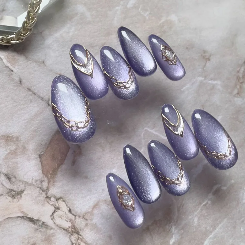 24pcs Brown Gradient Fake Nails Tips Wearable Cat's Eye Almond Press on Nails with Glitter Design Short False Nail Sets Reusable
