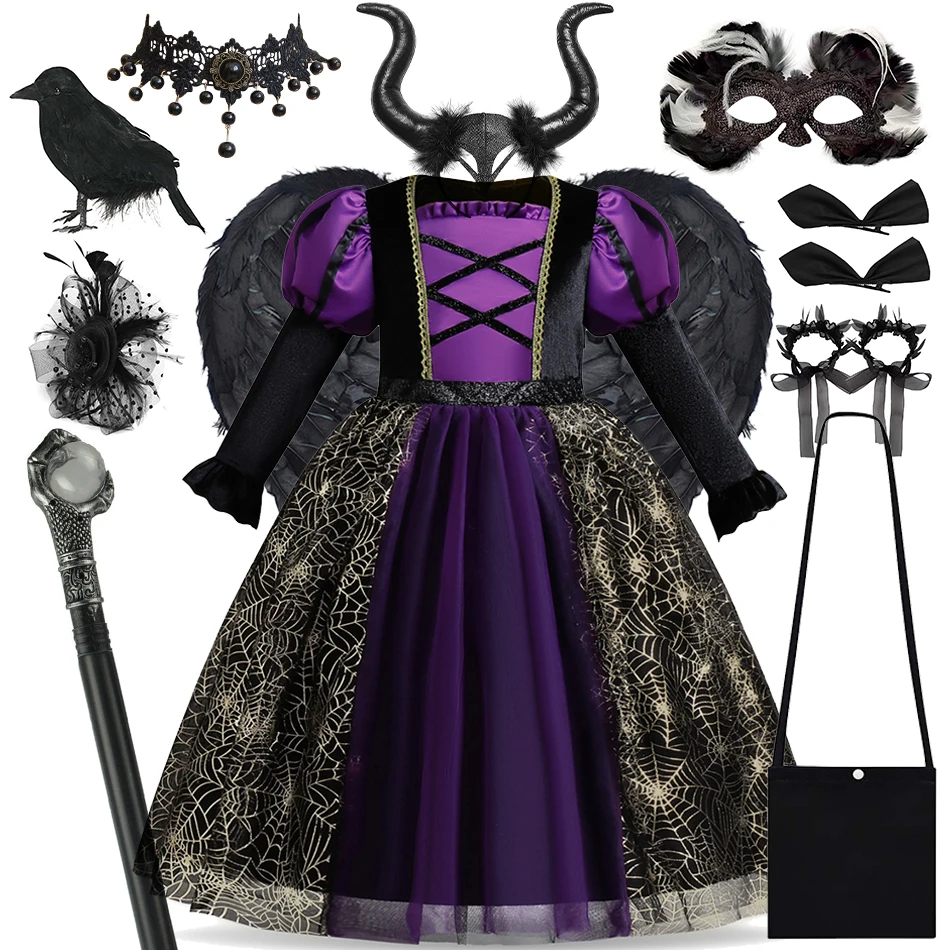 

Kids Black Witch Halloween Carnival Theme Party Children Outfits Girl Princess Cosplay Costume Evil Queen Role Playing Prom Gown