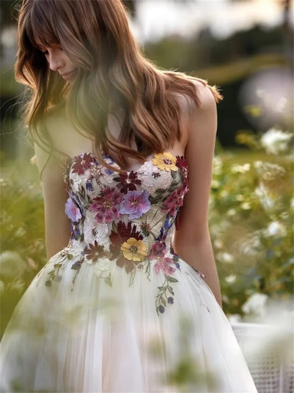 Kyoto Customized Exquisite Colorful Flowers Strapless Wedding Dress A-line Tulle vestidos de novia Chapel Train Evening Dresses image 3