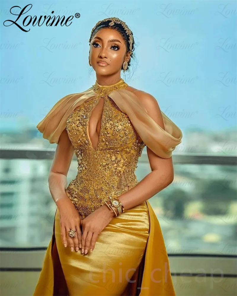 2024 Gold Evening Gowns Arabic Aso Ebi Mermaid Beaded Crystals Party Dress African Women Wedding Engagement Prom Dresses Robes