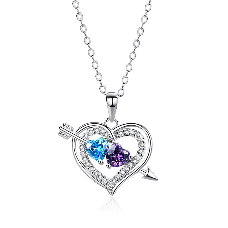 Love Heart Arrow Pendant Real 925 Sterling Silver Necklace For Women Two Color Sparkling Crystal Fashion Birthday Silver Gift