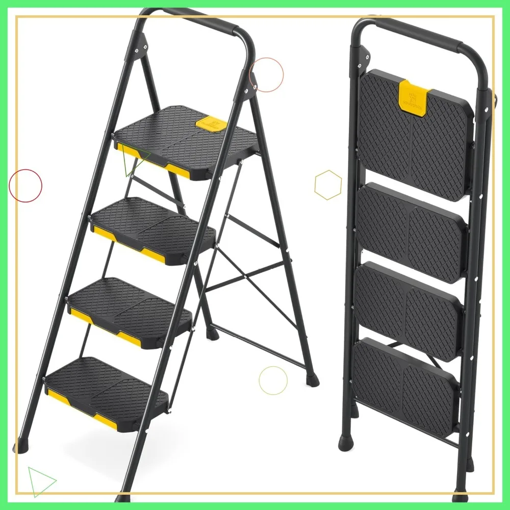

4-ступенчатая стальная лестница с системой Safe-Lock, поручнем и противоскользящими педалями, выдерживает нагрузку до 360 кг, складная, для использования дома и на кухне