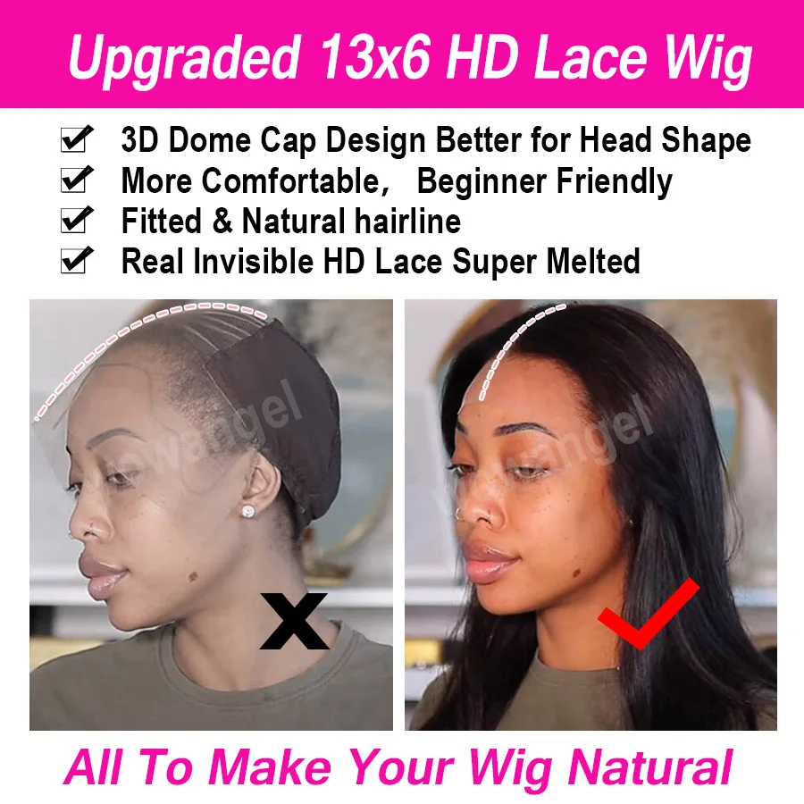 WOWANGEL Jet Black 13X6 HD Lace Frontal Wig Invisible HD Lace Melt Skin Silk Straight  Lace Front Wig Human Hair Wig Deep Part
