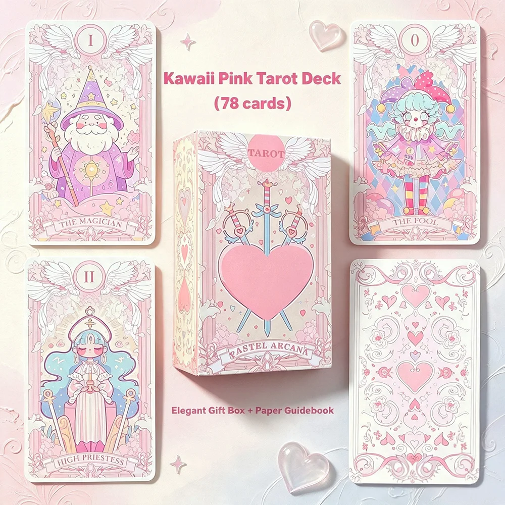 Kawaii Rosa Großformatiges 78-Karten-Tarot-Deck mit Begleitbuch - Niedliche Anime-Illustrationen für Schicksalsvorhersage und Zukunftsdeutung Tischspiel