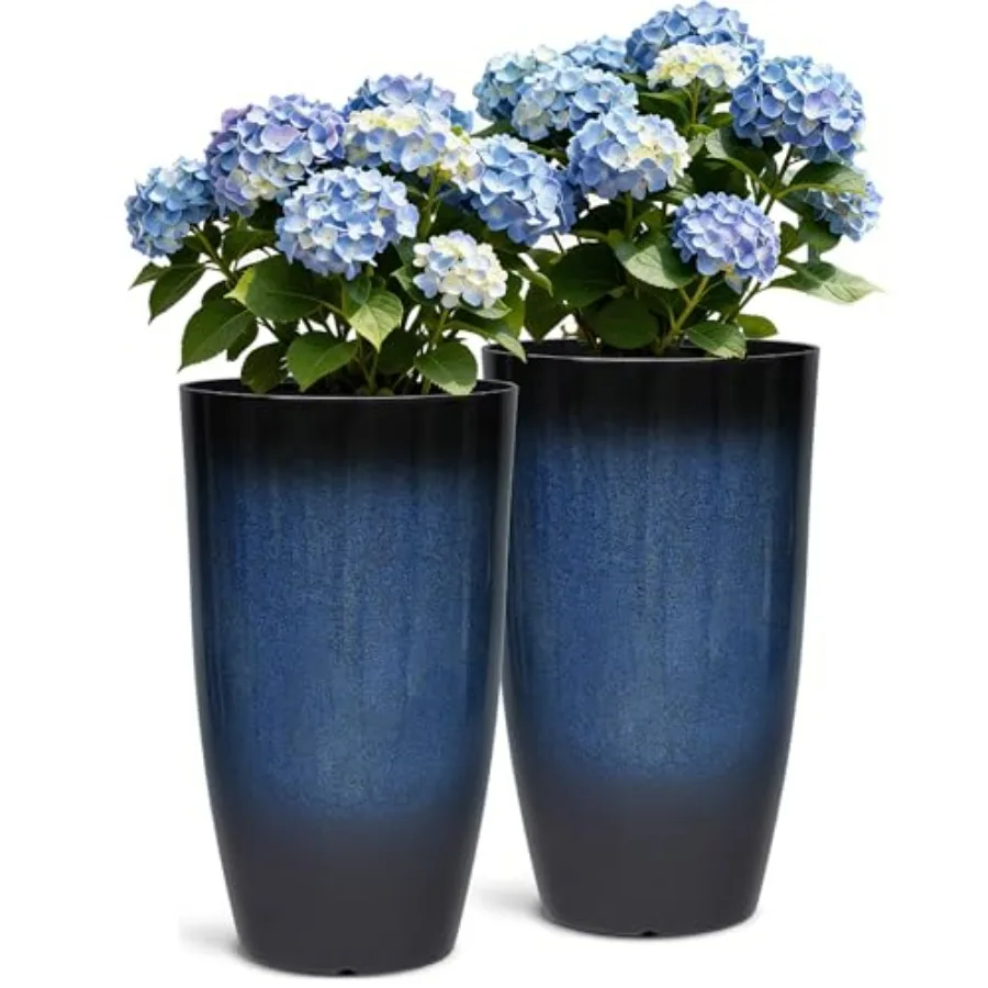 Outdoor gradient cobalt blue plastic planters set of 2, 23.8 tall, weather-resistant lightweight for front porch, garden, patio