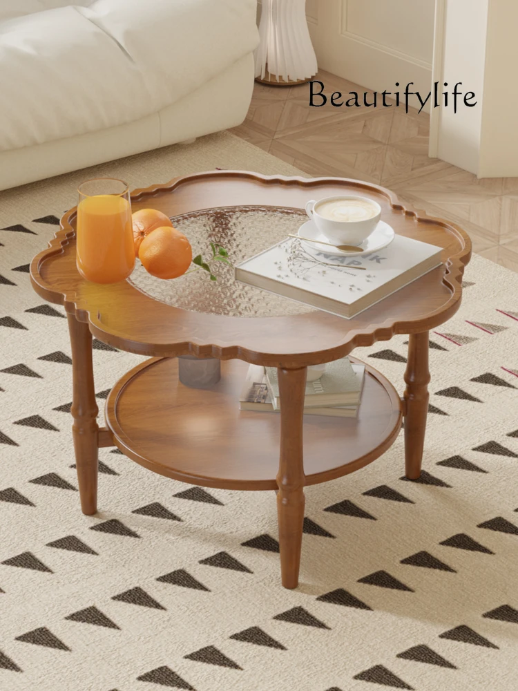 

French Retro Circle and Creative Solid Wood Home Small Tea Table Sofa Side Table Glass Upper and Lower Tea Table