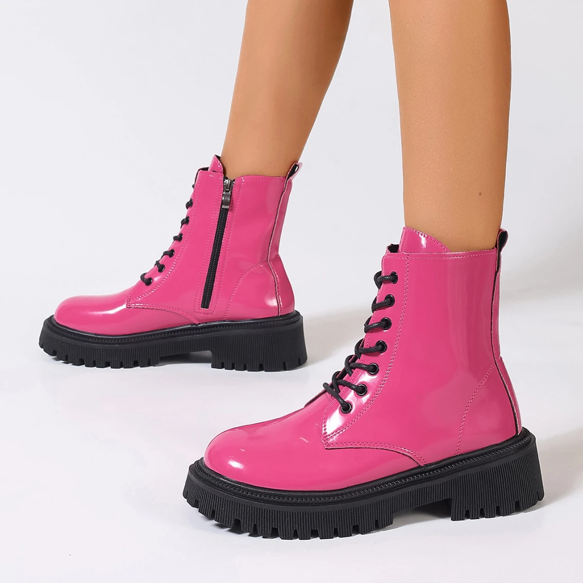 Women's Boots High Quality Patent Leather Short Boots Fashion Lace Up Platform Boot Luxury Designer Boots for Women Ankle Botas