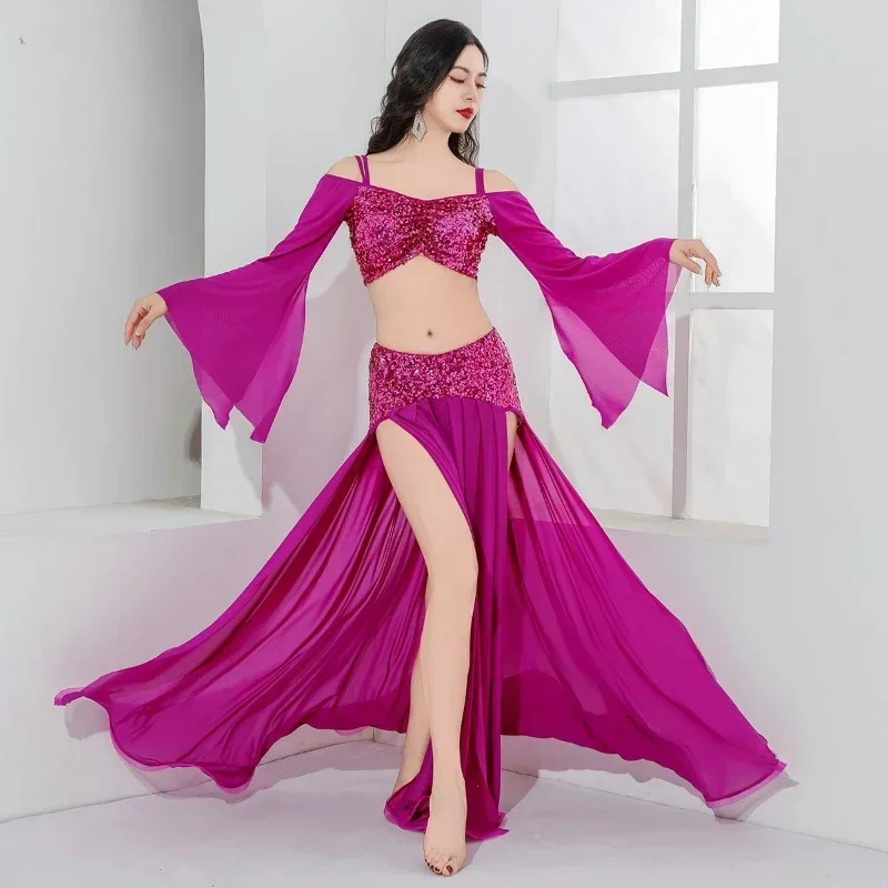 

Костюм для восточных танцев 2026: топ с длинным рукавом и длинная юбка, комплект из 2 предметов для взрослых, для выступлений и тренировок по восточным танцам