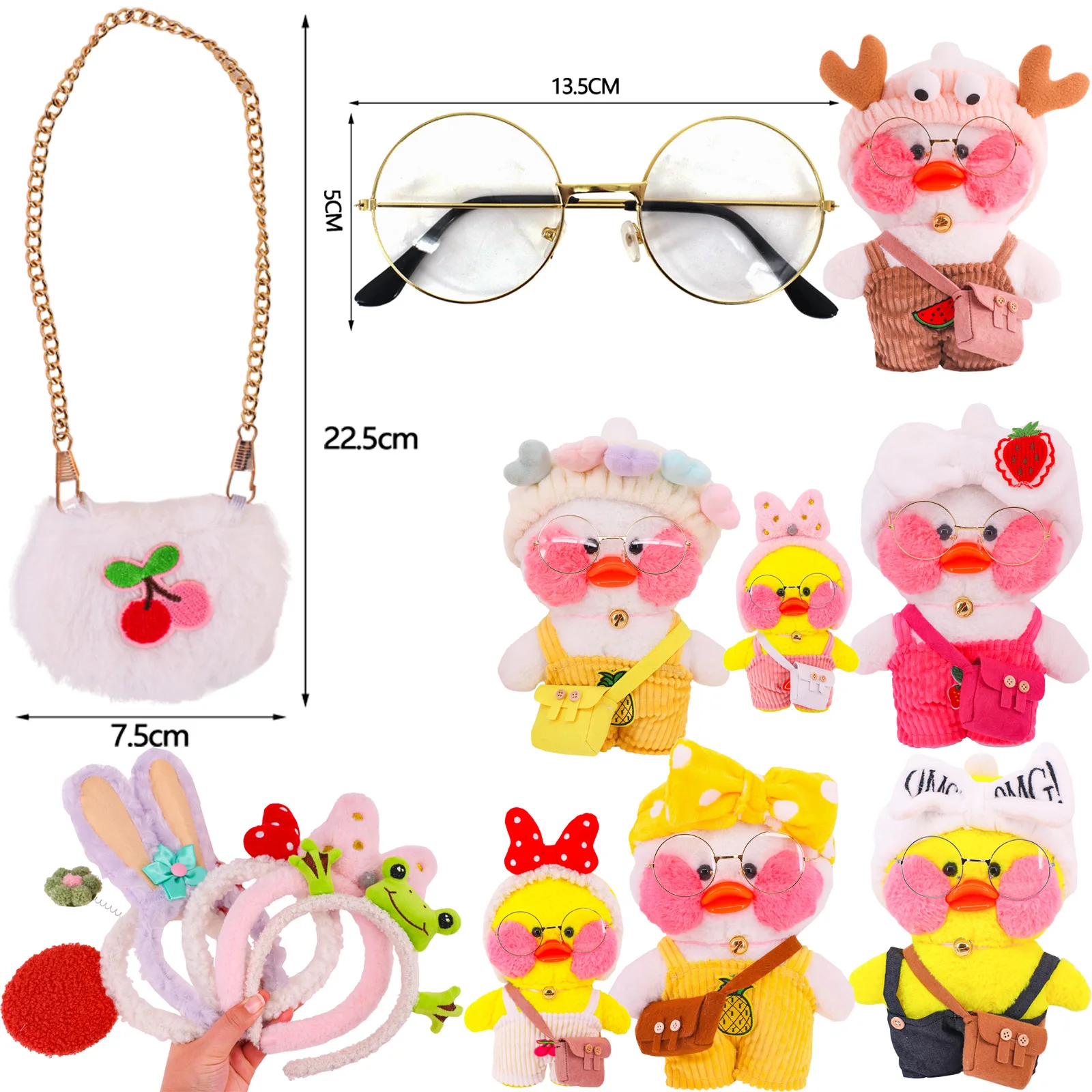 Clothes For Lalafanfan Yellow Duck 30Cm Plush Toy Set Bag Glasses Overalls Hair Band Accessories Children\'s Toy Birthday Gifts