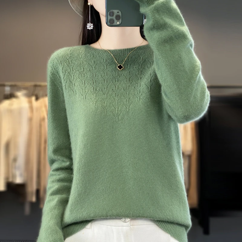 

Autumn Winter Casual 100% Merino Wool Pullover Soft Sweater For Women O-Neck Hollow Out Cashmere Knitwear Female Clothing Top