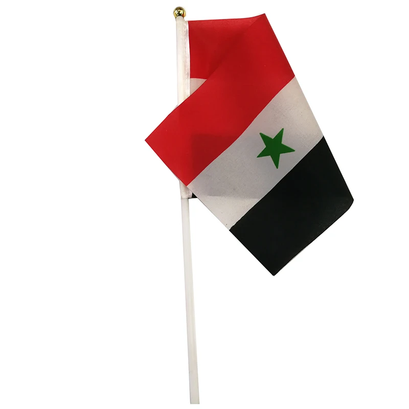 xvggdg  100pcs 14 * 21cm National Flag  Syria  hand  flags  with plastic flagpole Polyester Printing flag