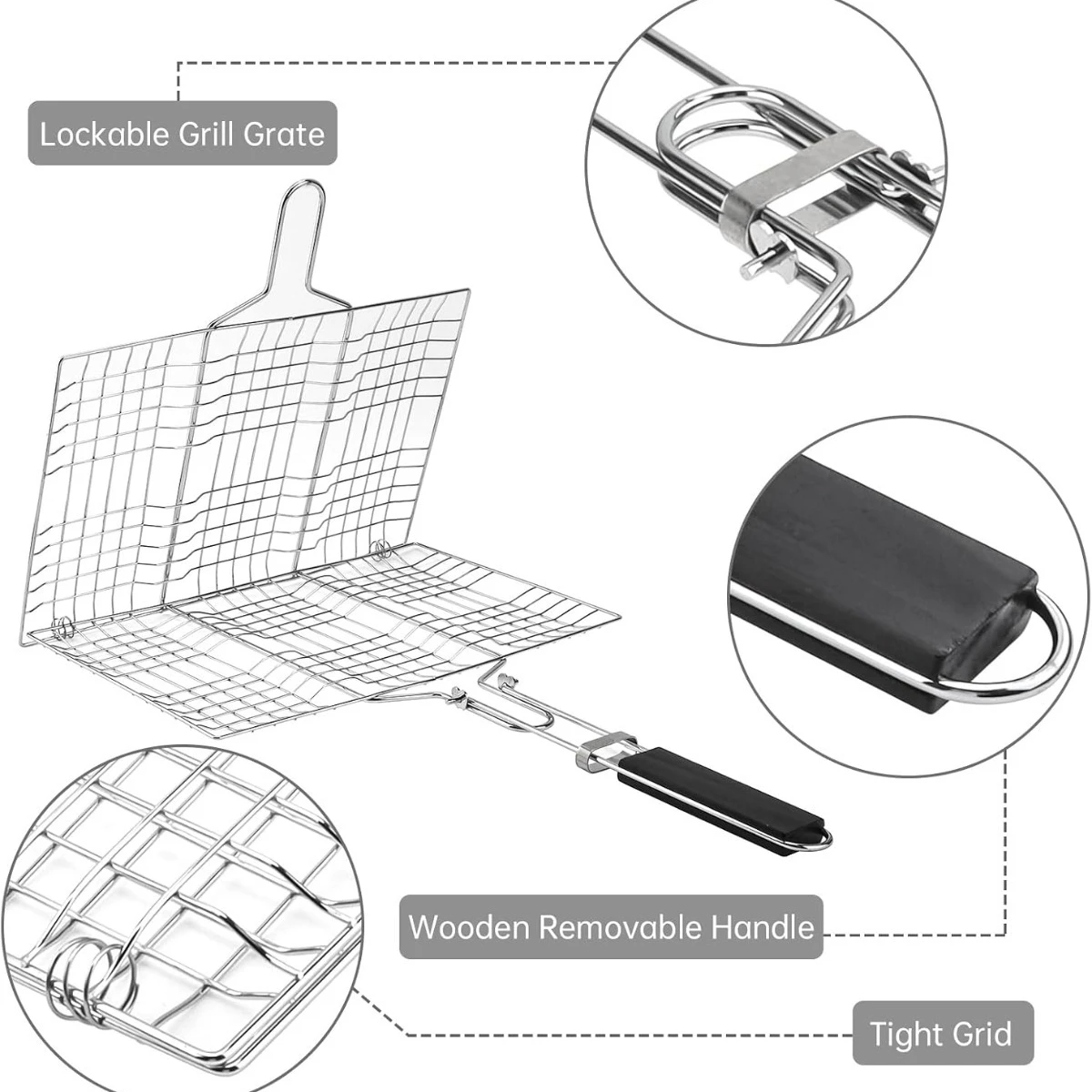 Folding Portable Outdoor Camping Stainless Steel BBQ Rack with Detachable Handle Fish Roasting Basket Barbeque Griller Tools
