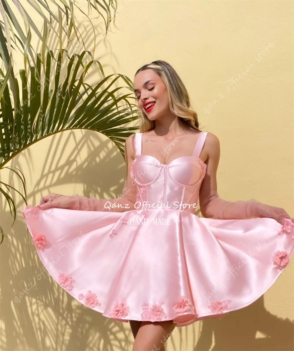 Qanz Pink Princess Prom Dresses Satin Spaghetti Straps Flowers Corset Back Vestidos De Graduación Short Party Dresses for Women