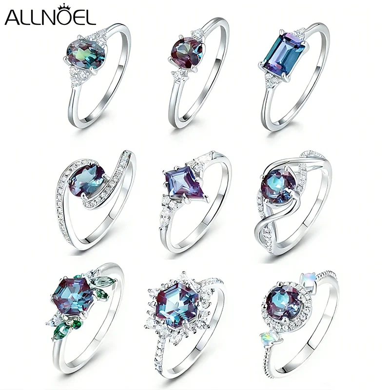 ALLNOEL 925 Sterling Silver Color Change Alexandrite Ring For Women Luxury Engagement Wedding Band Fine Jewelry