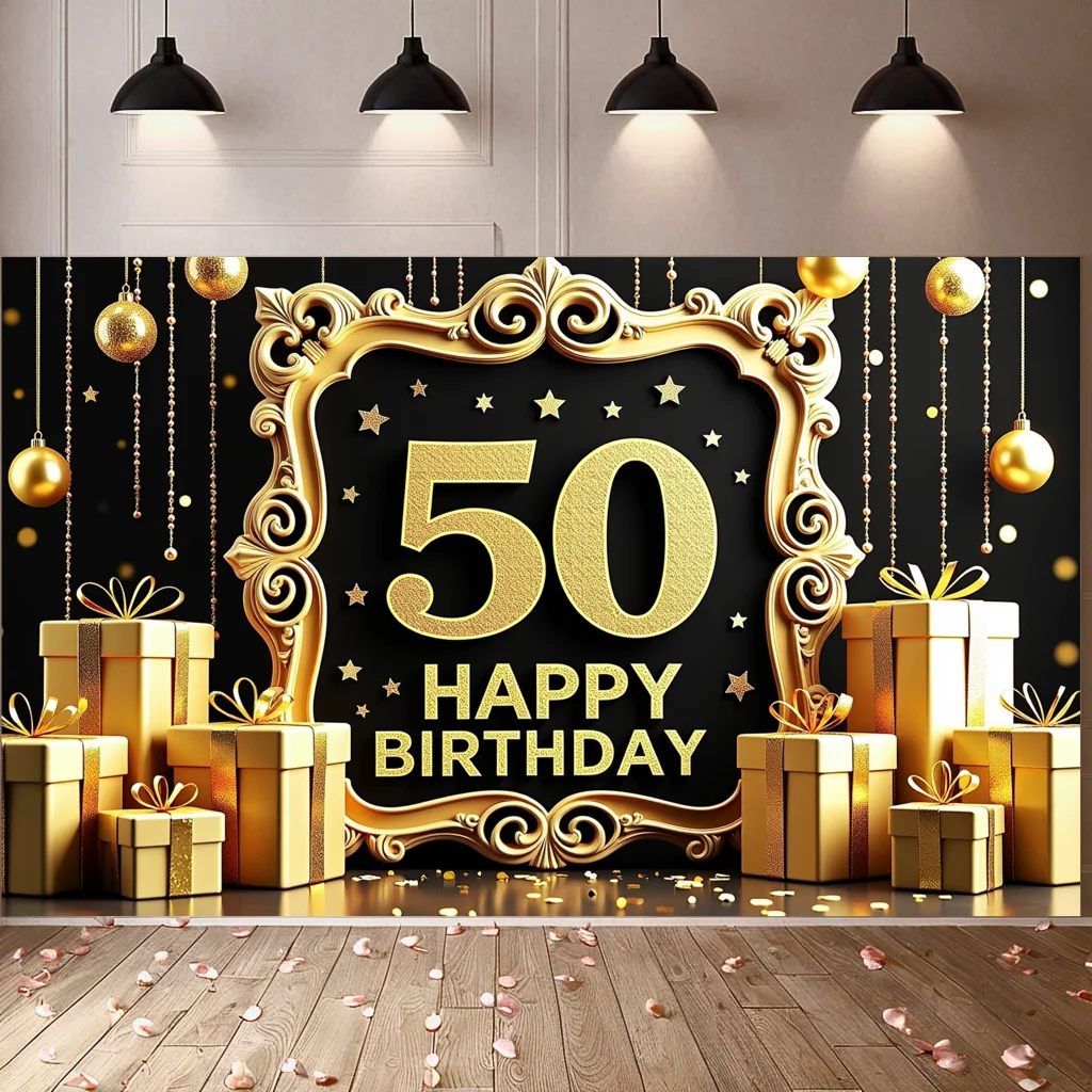 Goldfarbener Banner-Hintergrund zum 50. Geburtstag mit Sternenelementen, Party-Dekorationszubehör für Geburtstagsfeier, Fotografie-Requisiten, Celebratio