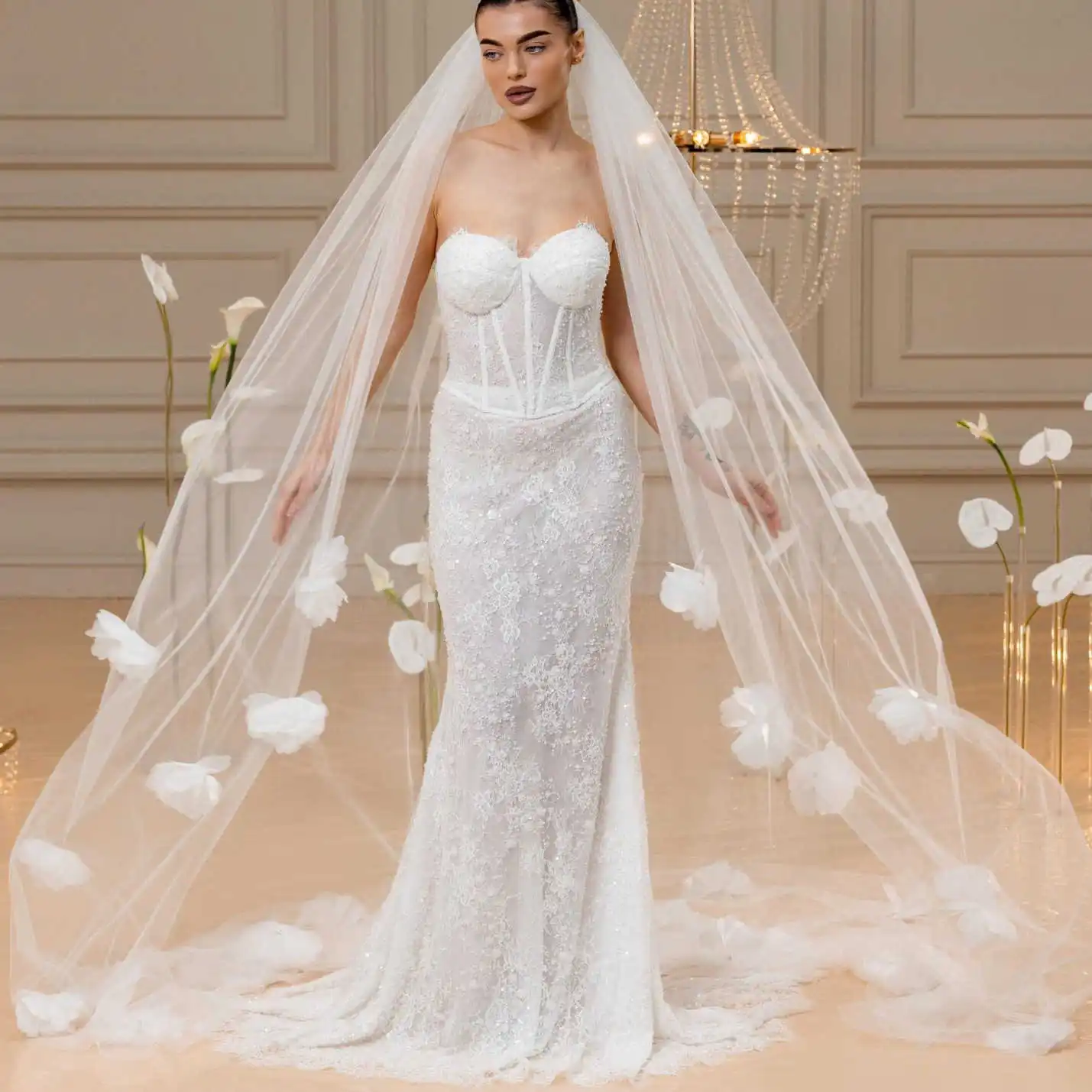 Princess Hand Made Flowers Bridal Veils One Layer Long Cathedral Length Wedding Veils With Comb Customized