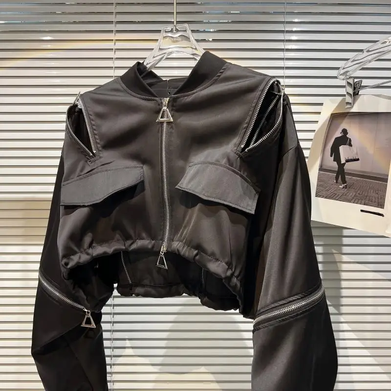 سترة مقصوصة متعددة السوستة موديل 2025 للنساء بدون أكتاف وسترات عالية الخصر ملابس خارجية