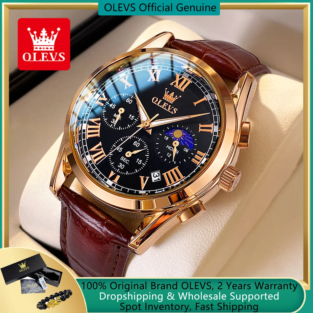 OLEVS Top Brand Luxury Quartz Watch for Men Luminous Moon Phase Watch for Men Waterproof Stop Watch