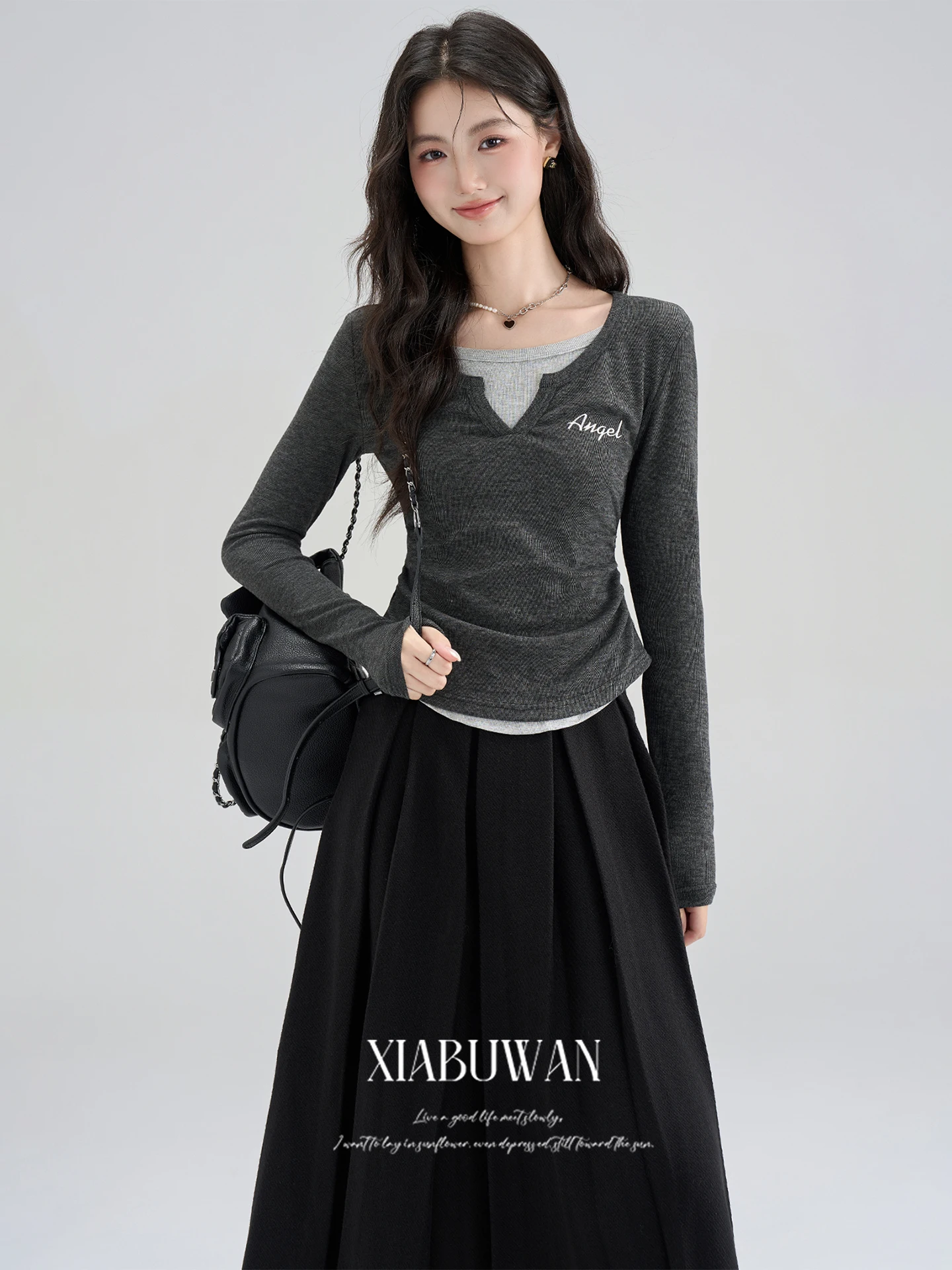 

Chic Korean Sle Color Blo Knitwear And Skirt Set for Women Winter Casual High Waist round Ne Long Sve Two Piece Outfit