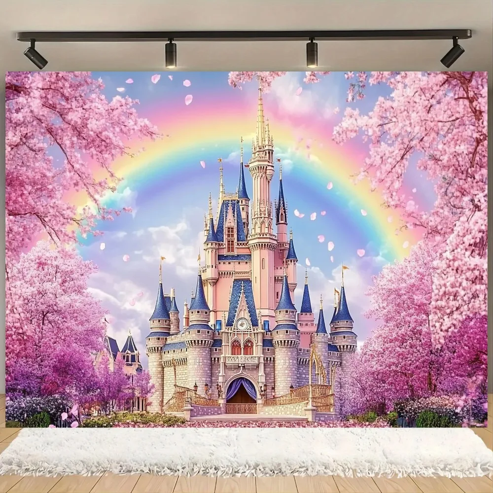 Rosa Blume Schloss Geburtstag Party Hintergrund Kirschblüten Regenbogen Prinzessin Mädchen Geburtstag Party Dekor Banner Foto Hintergrund