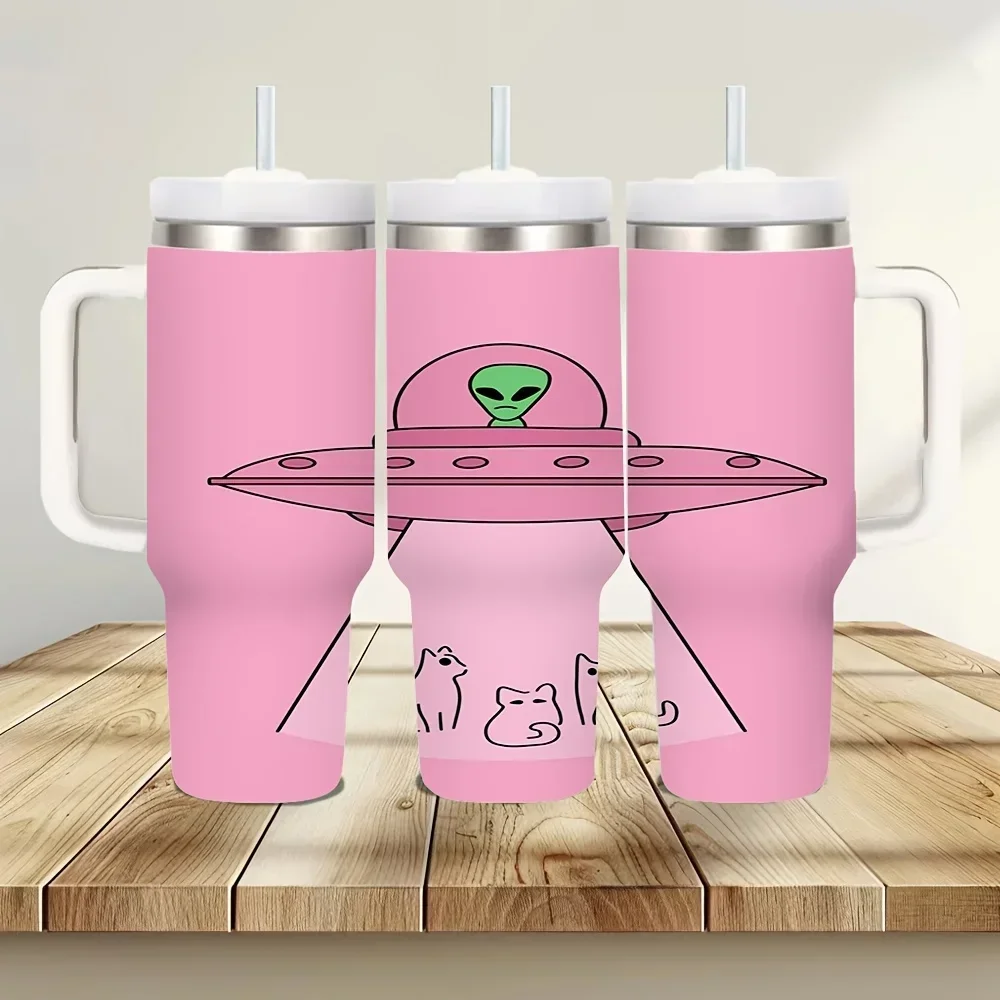 40oz Large Capacity Insulated Tumbler with Handle, Cute Alien UFO Abduct Cat Print, Suitable for Everyone All Year Round, Keeps Drinks Hot Or Cold for Daily Use And Outdoor Travel