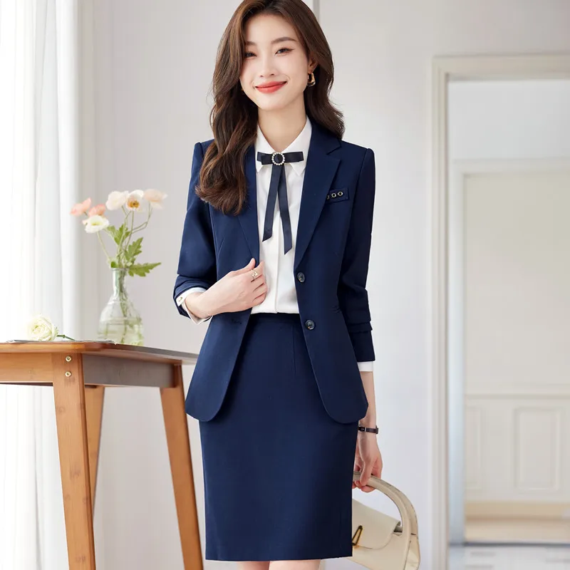 NAVIU Navy Blue Suits Women Spring Autumn New Professional Temperament Interview Slim Blazer And Pant Sets Office Lady Work Wear