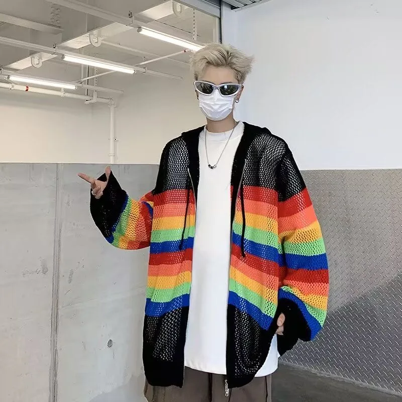 Male Unisex Lovers Party Night Club Shirts Tops Male Hooded Knit Ins Chic Dopamine Hit Color Zipper Festival Hippie Coat Jackets