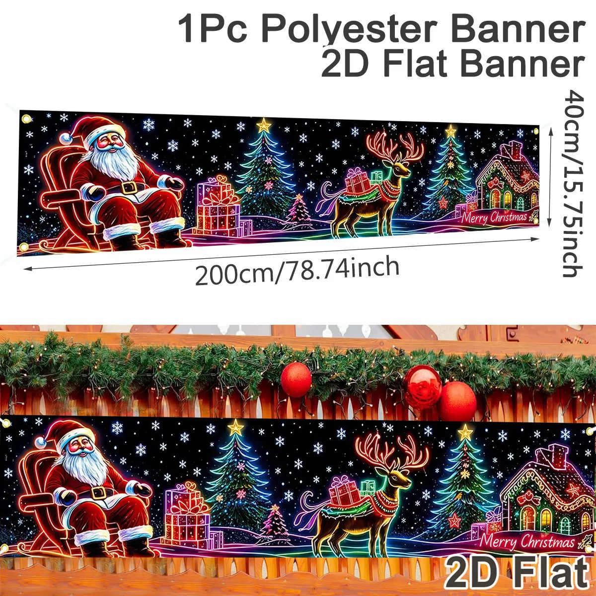 Neon Style Christmas Banner 200*40cm Santa Print Polyester Backdrop Indoor Outdoor Home Party Decor Christmas Decorations 2026
