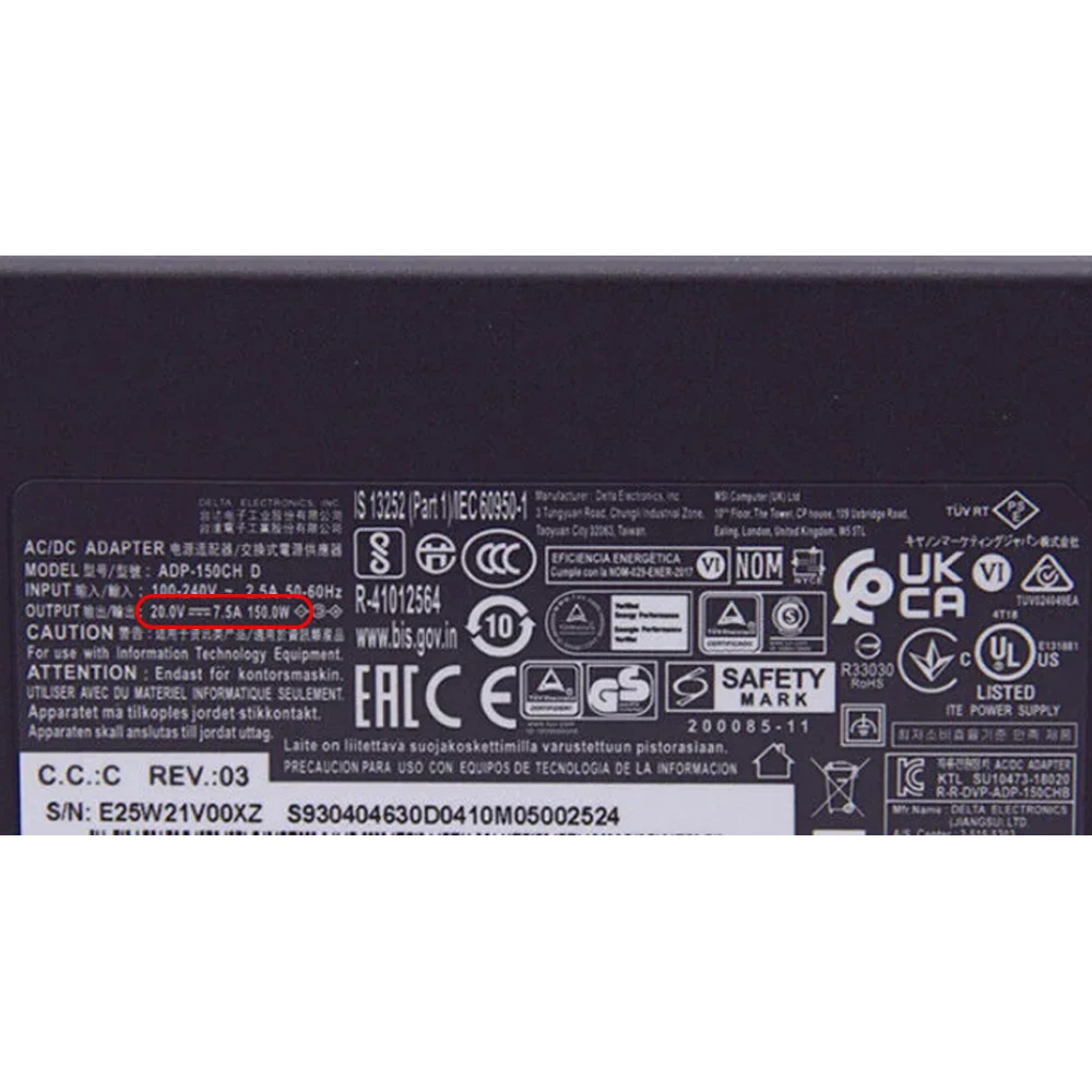 Adaptador AC Laptop para MSI, QLED, Carregador de Energia, 15m, A11UEK, Espada 17, Stealth, 15m, ADP-150CH D, 20V, 7.5A, 150W, 4.5x3.0mm