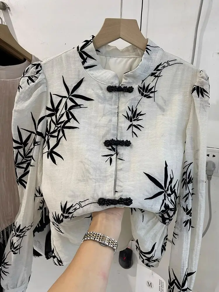 New Chinese Style Bamboo Printed Disc Buckle Long Sleeve Chiffon Shirt Women European Autumn Fashion Design Sense Shirt Blouse