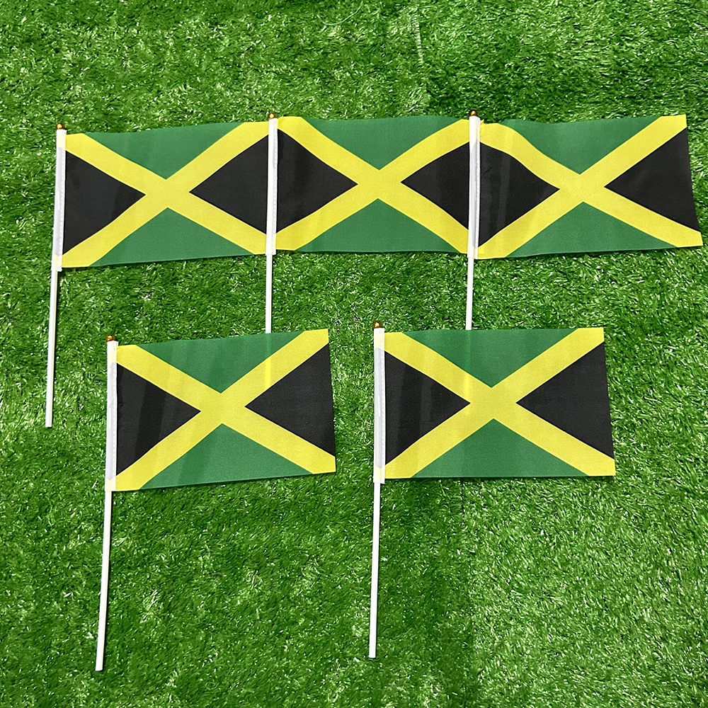 Bandera de mano de Jamaica con bandera de esquí, 14x21cm, 10/20/50/100 Uds., impresión de doble cara, bandera ondeante de mano de Jamaica para actividades deportivas, decoración del hogar