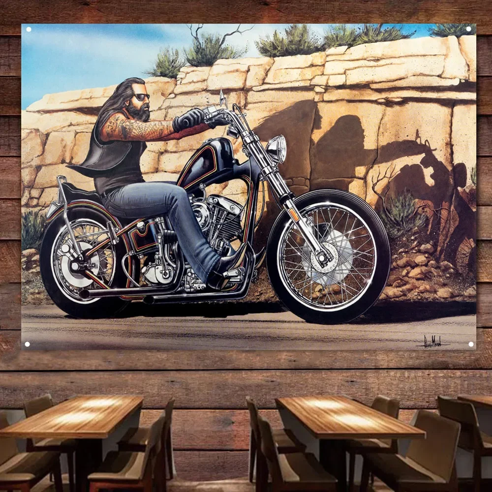 Tattooed Motorcycle Rider Painting for Garage Vintage Decor Banner Wall Flag Gas Station Man Cave Auto Poster Home Decor Sticker