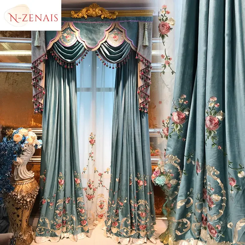 European Style Green Valance Embroidered Tulle Luxury Curtains for Living Room Dining Bedroom Blackout Sheer Custom Elegant Lace