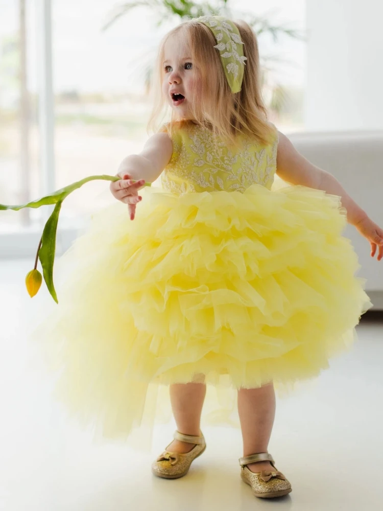 Yellow Flower Girls Dresses Tulle Tiered Appliques With Bow Sleeveless For Weddings Birthday Party First Communion Gowns