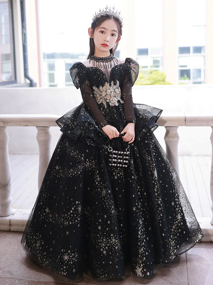 Flower Girl Wedding Ball Dresses New 2025 Black Girls Dress Long Birthday High Collar Sequined Tutu Performance Gowns Customized