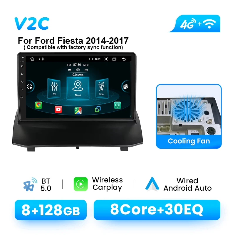 Android 14 Draadloze CarPlay Autoradio Speler Voor Ford Fiesta 2009-2017 Multimedia Navigatie GPS 4G Wifi DSP 1280*720 P IPS RDS