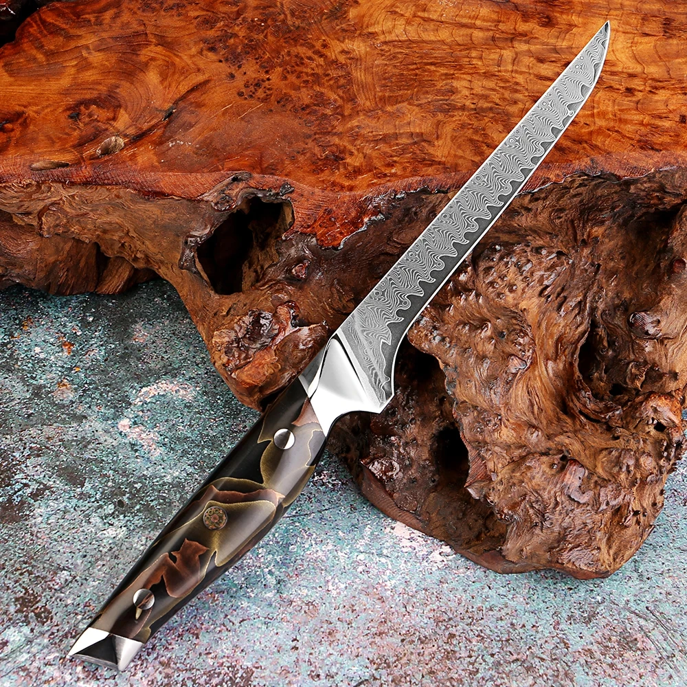 

Кованый 6-дюймовый нож для обвалки, японский 67-слойный нож для филе из дамасской стали, инструмент для резки птицы и рыбы, элегантная ручка из смолы