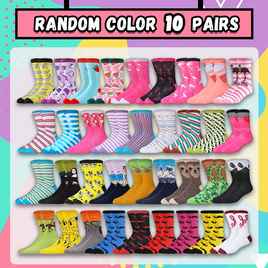 

Random color 10 pairs Mid Calf Trendy Socks Men Women Unisex Fashion Hip Hop Street Style Cool Prints Casual Crew Socks