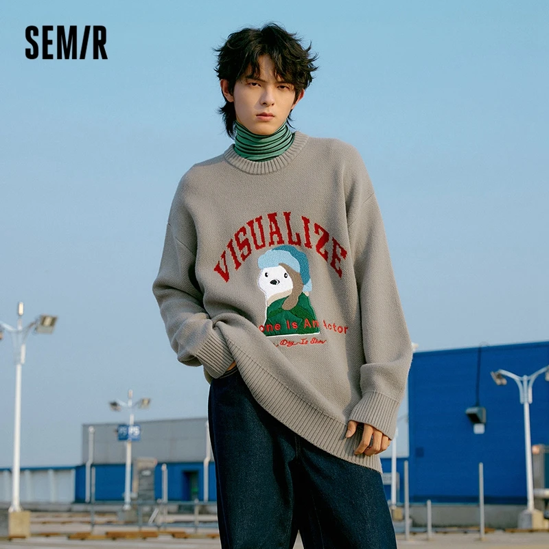 

Semir Sweater Men 2023 Winter New Style Knitted Sweater Loose Letter Embroidered Drop Shoulder Comfortable Inner Sweater