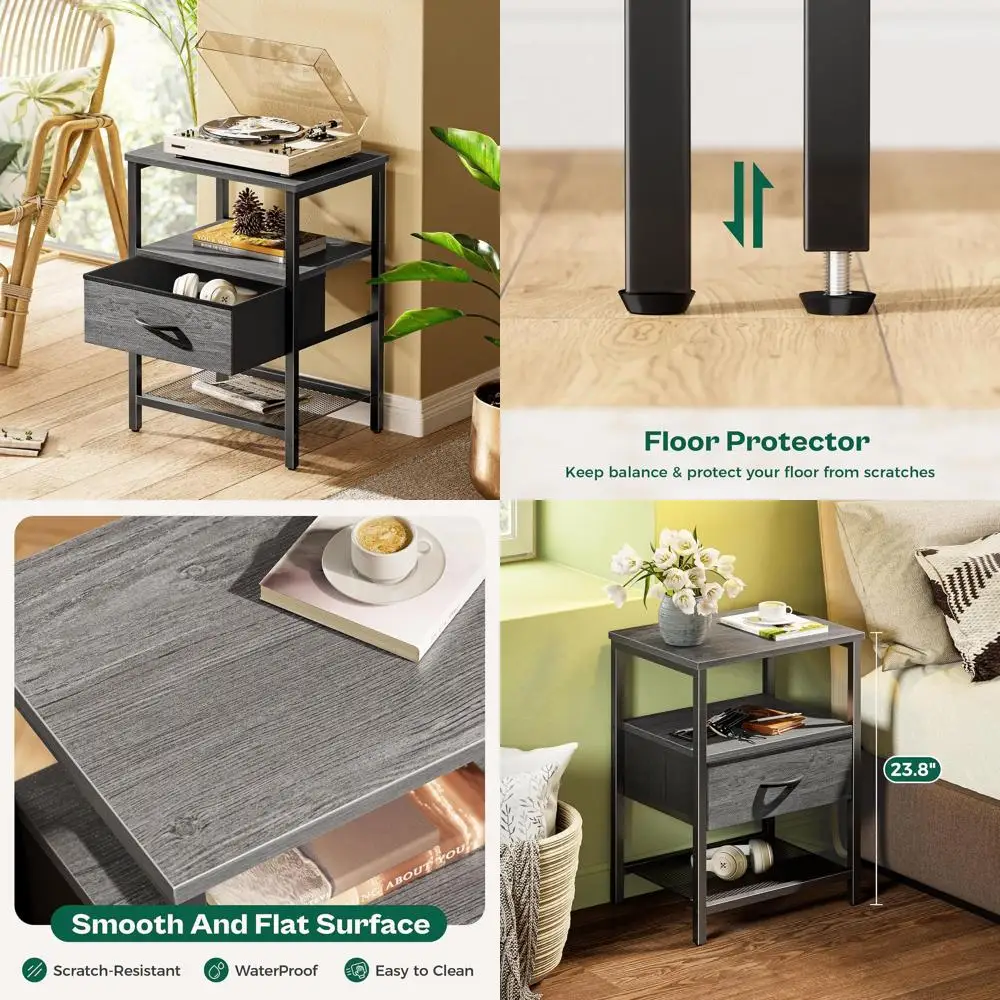 Grey Fabric Drawer Nightstand Pair with Mesh Shelf and Metal Frame for Bedroom Storage