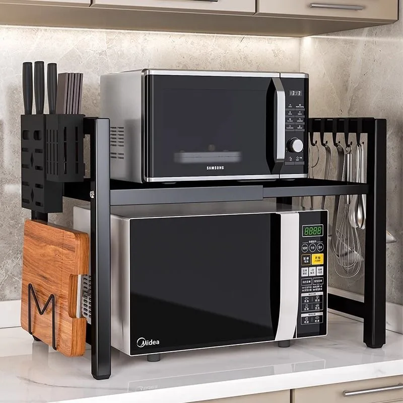 Expandable Kitchen Countertop Shelf Microwave Or Oven Carbon Steel Adjustable Cm Storage Rack One Two Tiers Hooks Cutting Board