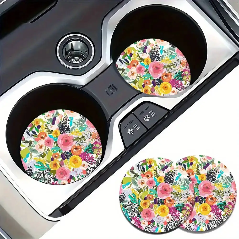 Fresh Flower EVA Car Coasters Set Of 2. Stylish Cup Mats Great Decorative Additions For Car Interiors.