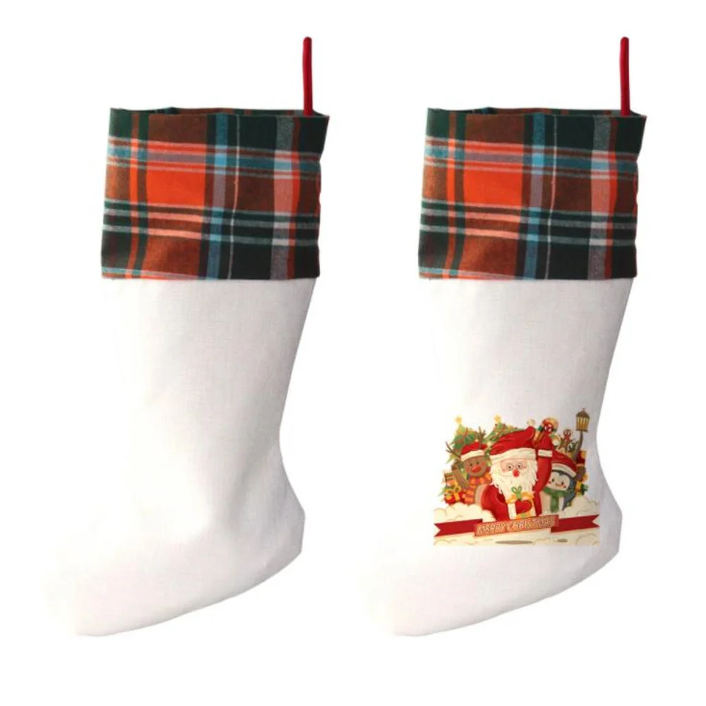 Sublimation Plaid Christmas Stocking Linen White Candy Socks Santa Gift Bag Xmas Tree Oranment Festival Supplies For Kid